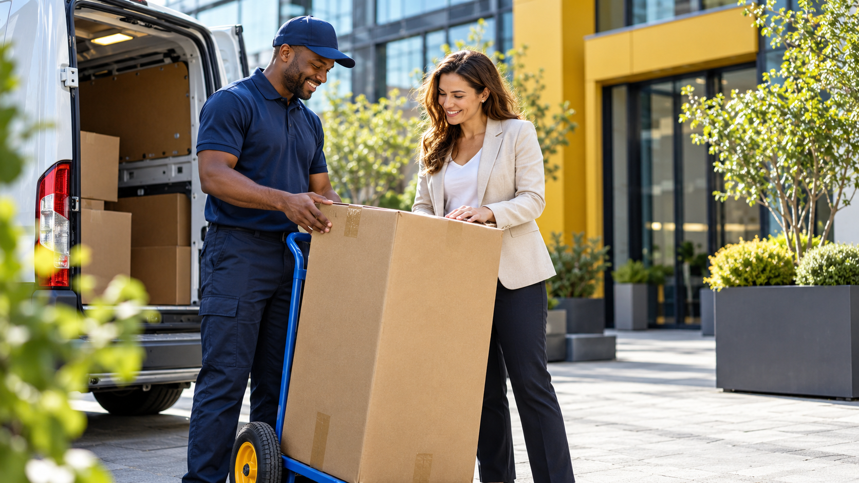 Courier loading packaged goods for delivery